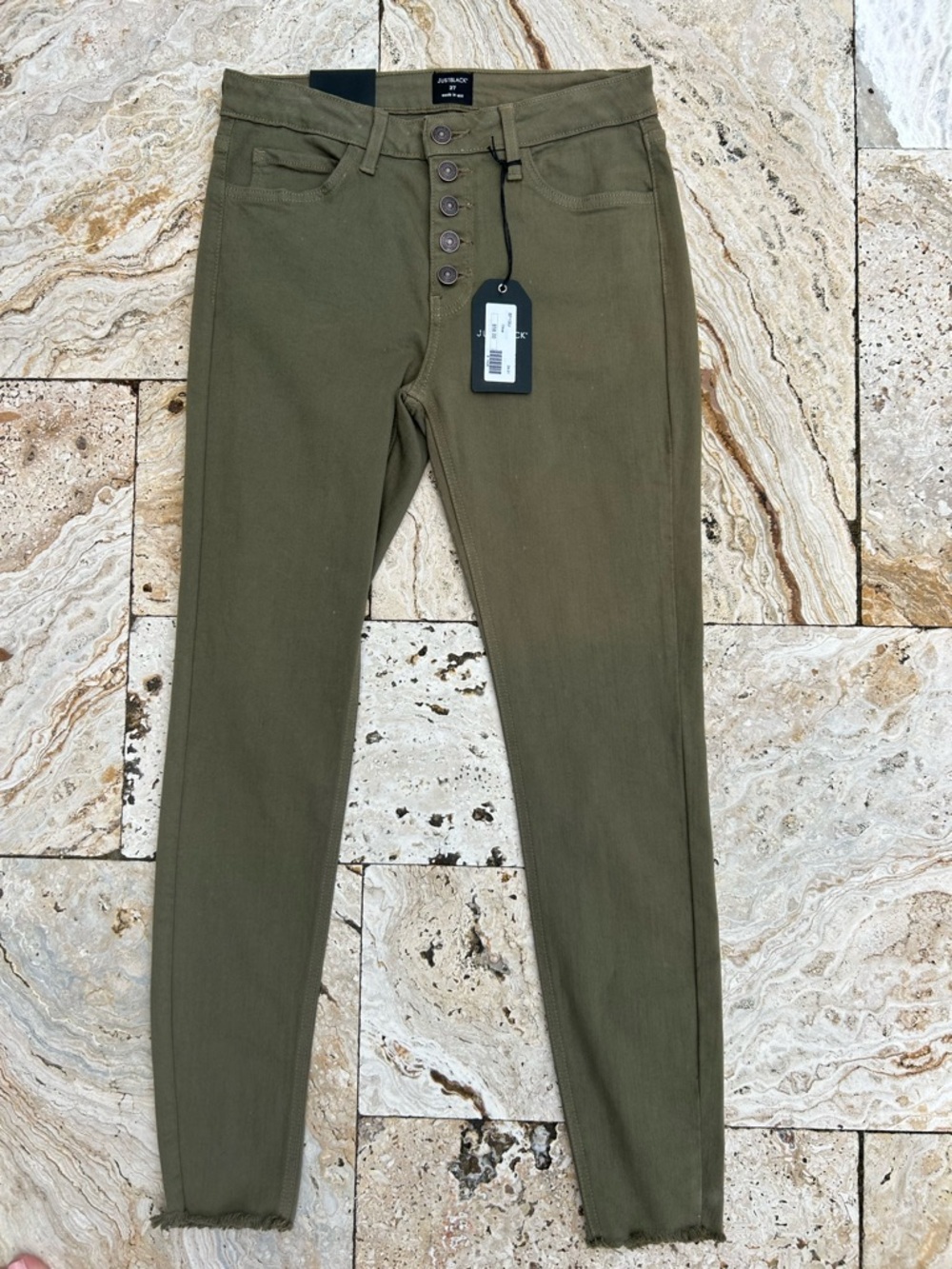 Just Black Olive Button-Fly Skinny Jeans NWT